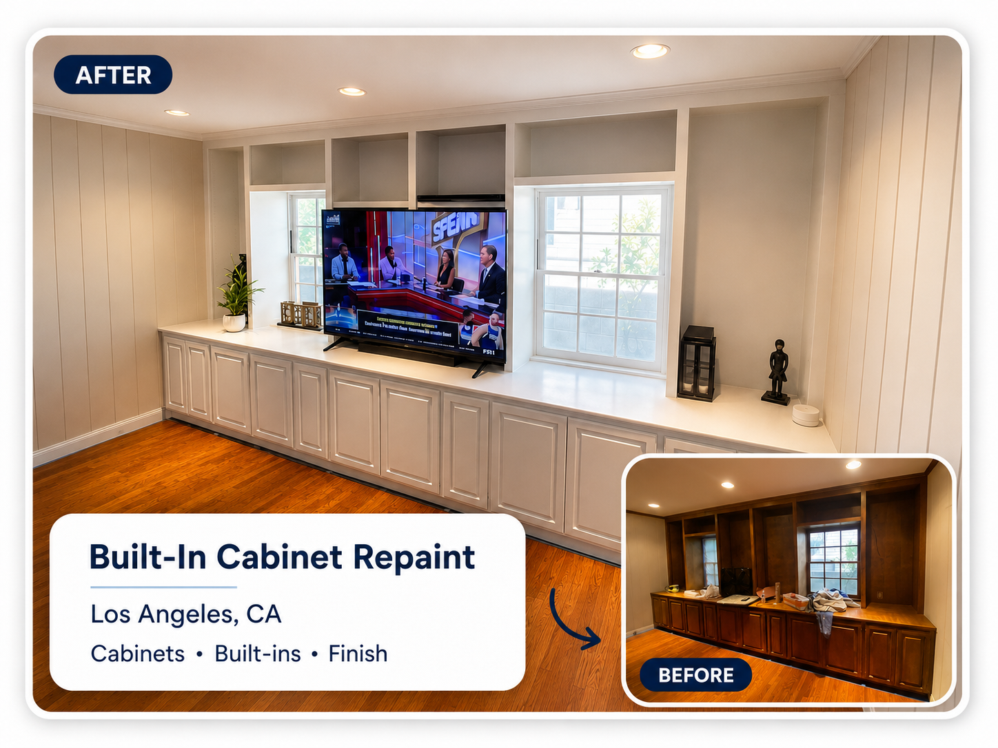 Before and after built-in cabinet repaint, Los Angeles